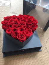 18 Red Forever Roses in Custom Heart Shaped Glass Box