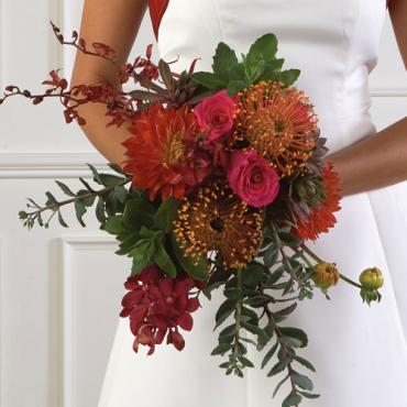 Modern Orange Red Dahlia Pincushion and Rose Bridal Bouquet