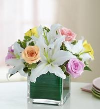 Pastel Rose and White Lily Cube Bouquet