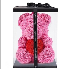 Forever Rose Bear Pink w Red Heart Includes Custom Window Box