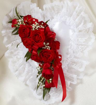 Red and White Satin Heart Casket Pillow