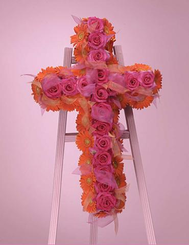 Orange Gerber Daisies and Pink Roses Cross on Standing Easel