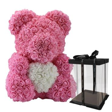 Forever Rose Bear Pink With White Heart Large