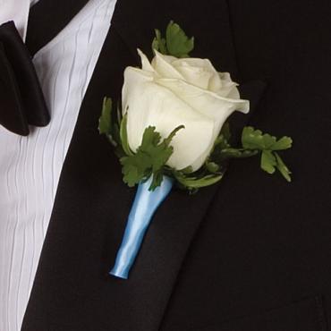 White Rose with Powder Blue Ribbon Boutonniere
