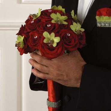 Elegant Same Sex Marriage Groom Red Rose and CymbidiumBouquet