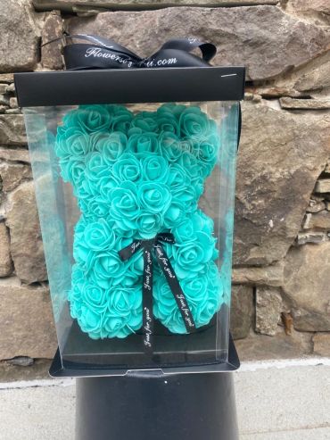 Forever Rose Bear Collectors Size Teal  W Custom Window Box