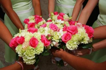 Round Hot Pink and Green Bridesmaids Bouquet