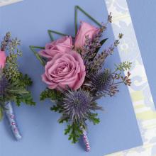 Triple Lavender Rose and Blue Thistle Boutonniere