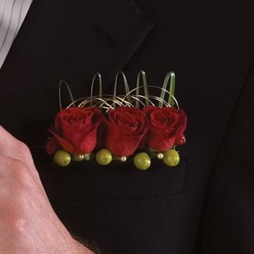 Pocket Square Triple Red Mini Rose and Green Berry Boutonniere